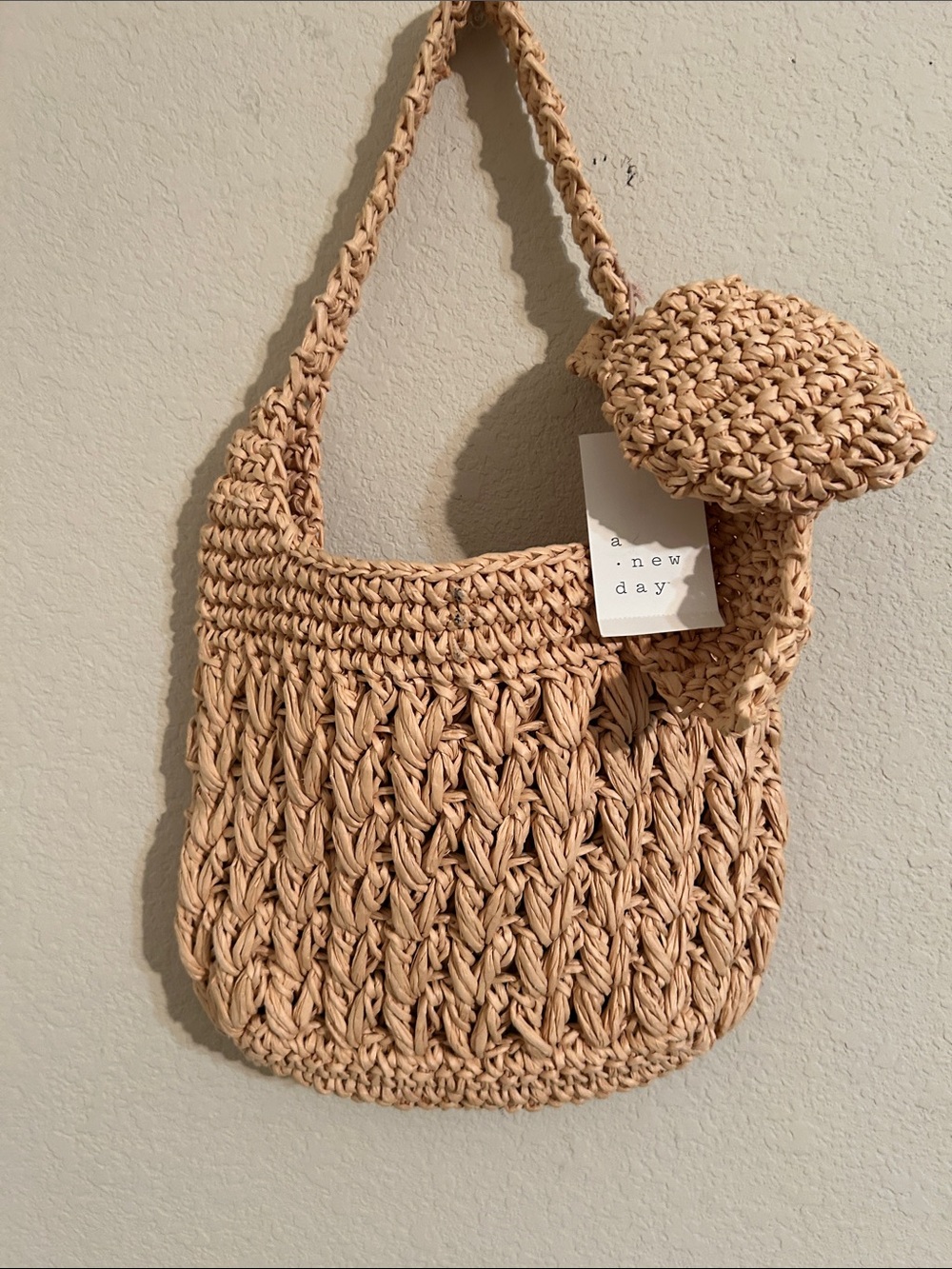 a new day Beige Woven Shoulder Bag with button closure Beachy Vacation Summer